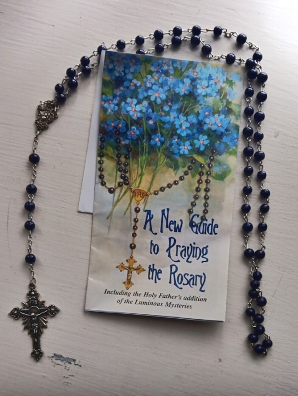 Rosary Necklace with Blue Beads and Silver Crucifix